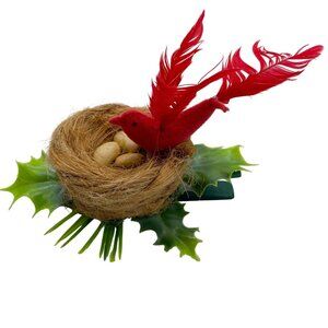 Vintage hand made red bird on nest Christmas tree ornament Close pin clip on bra